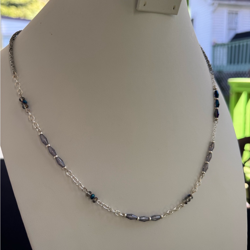 Silver and Gray Beaded Crystal Station Necklace 20-24 inch